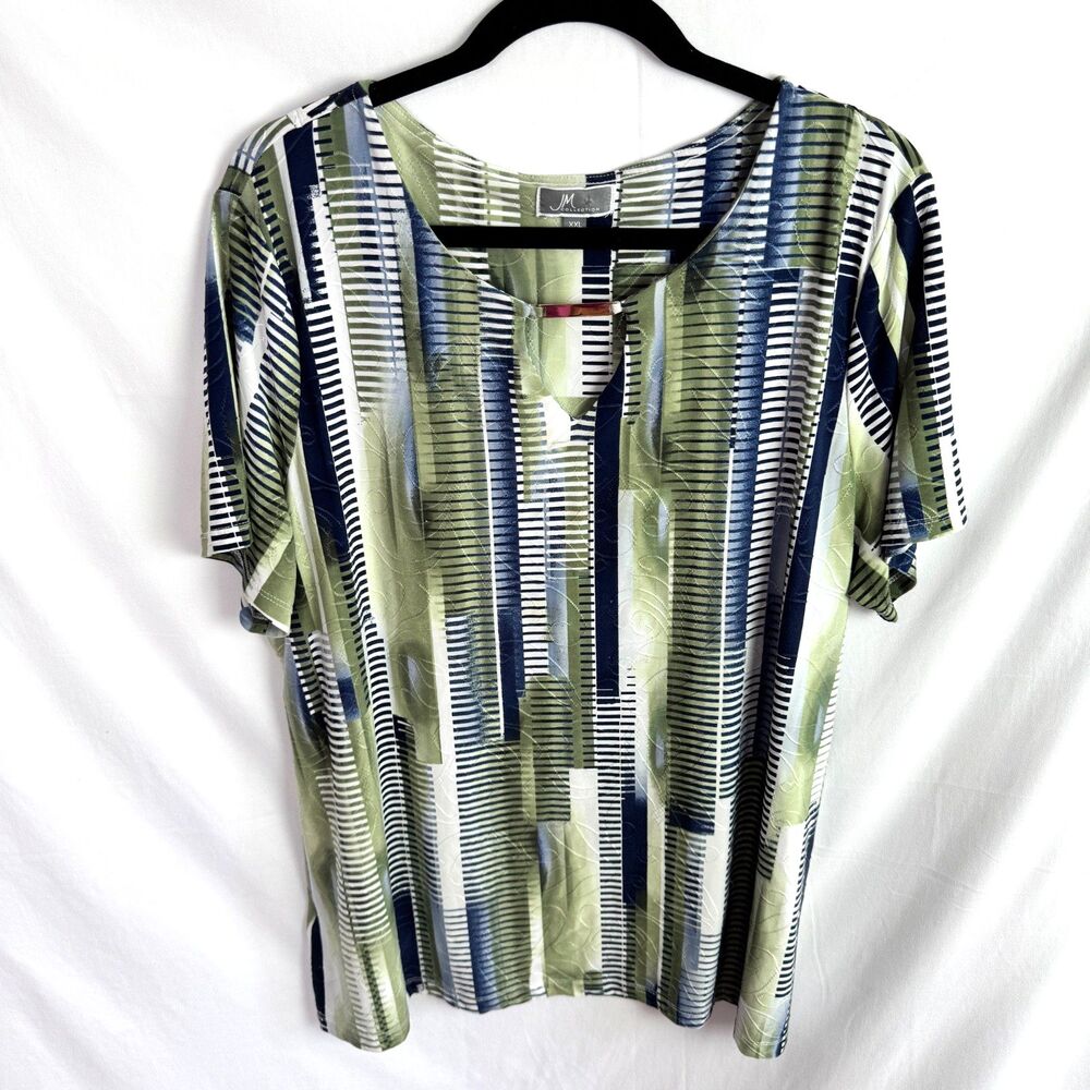 JM Collection Women's Top Size XXL/2X Green/Blue Print Short Sleeves